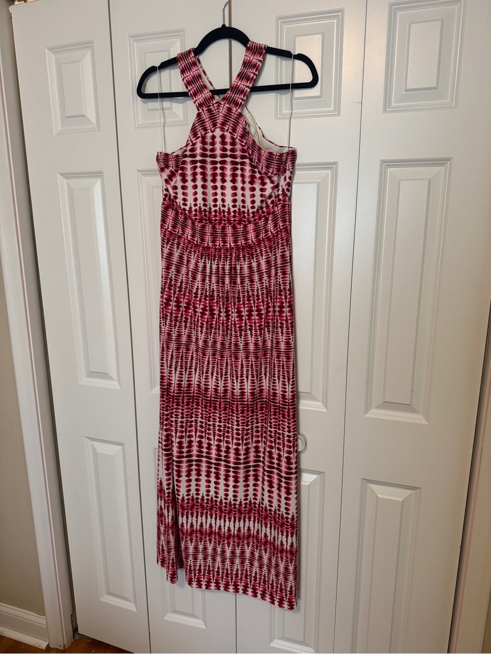 Red Patterned Halter Maxi Dress with Cross Back